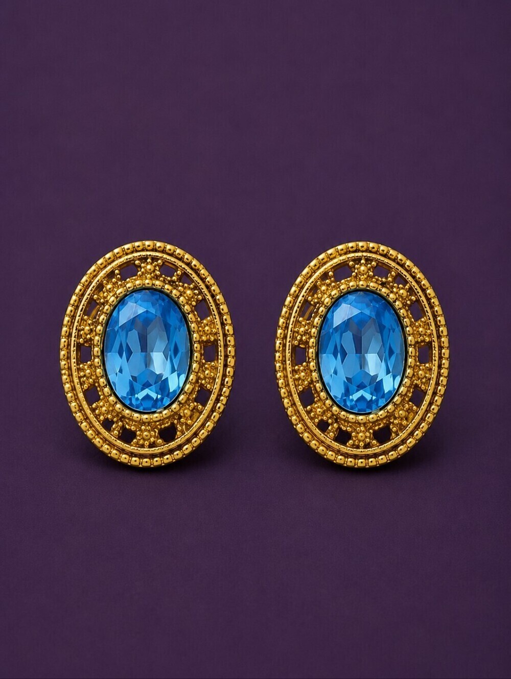 1928 Oval Blue Crystal Rimmed Nebula Formal Castlecore Post Earrings